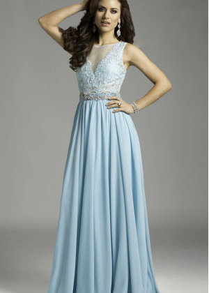 Beaded Sky Blue Lace Chiffon Sheer Back Maxi Prom Dress